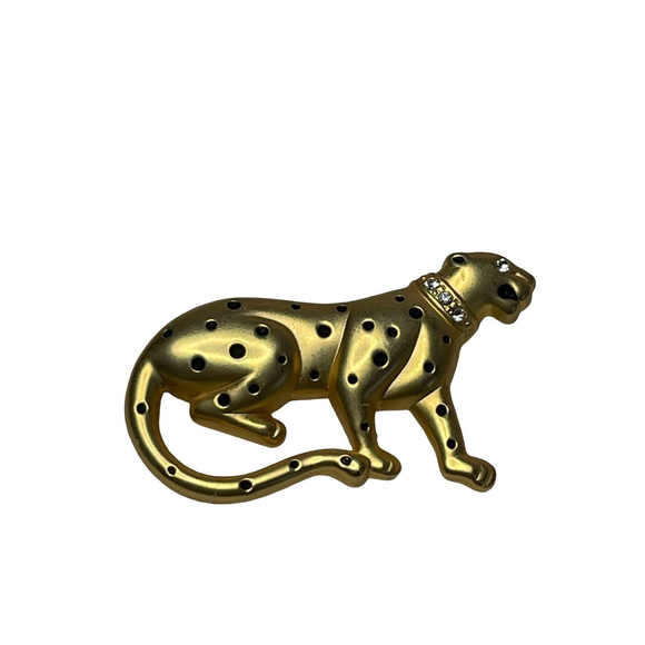 Jewelry - Leopard Cheetah Cat Pin Brooch Clear Rhinestone Eyes Gold Vintage 2”